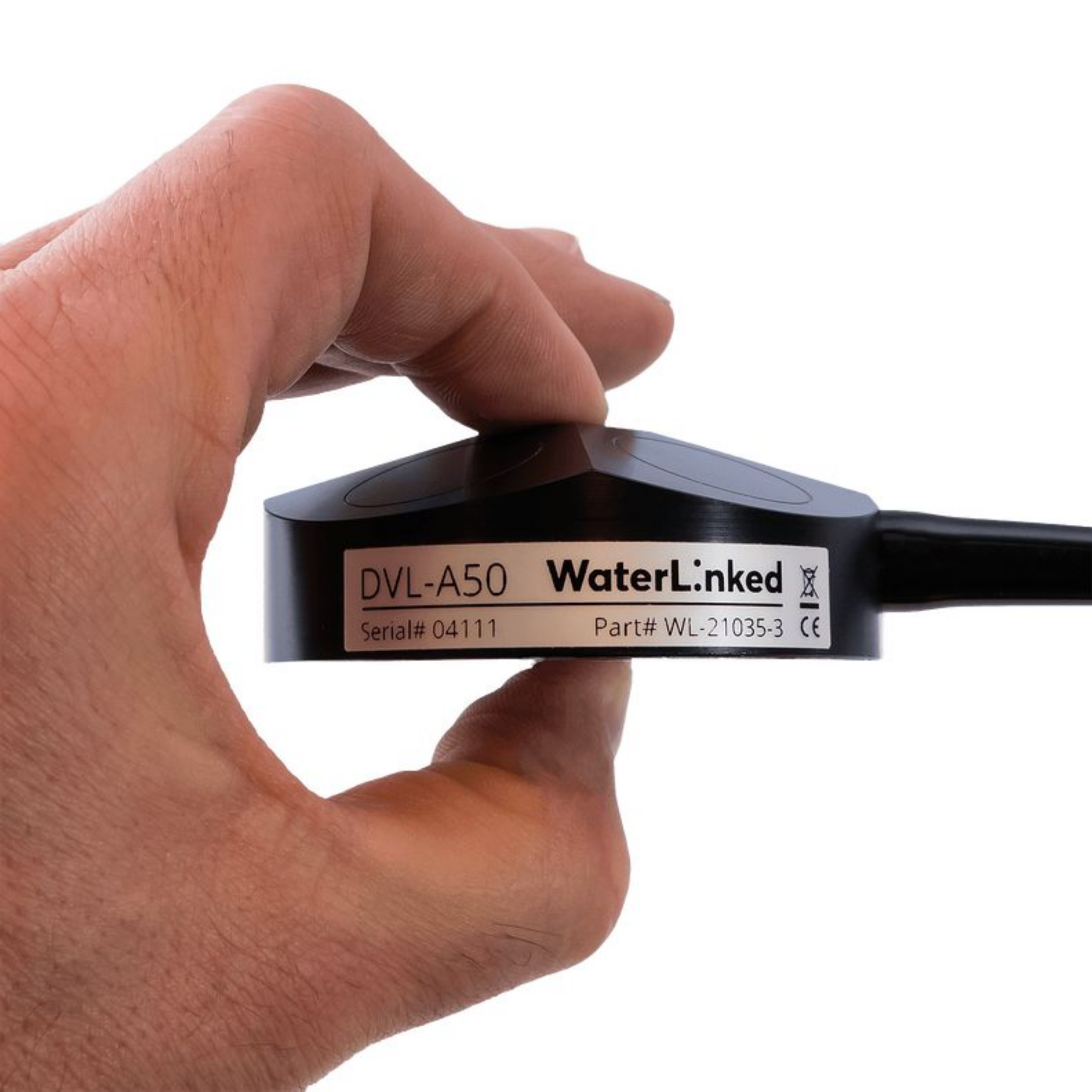 Waterlinked DVL-A50 a doppler velocity log made specifically for vehicles like the SRV-8 ROV by Oceanbotics. It's being held in someone's hand, to reflect relative sizing. 