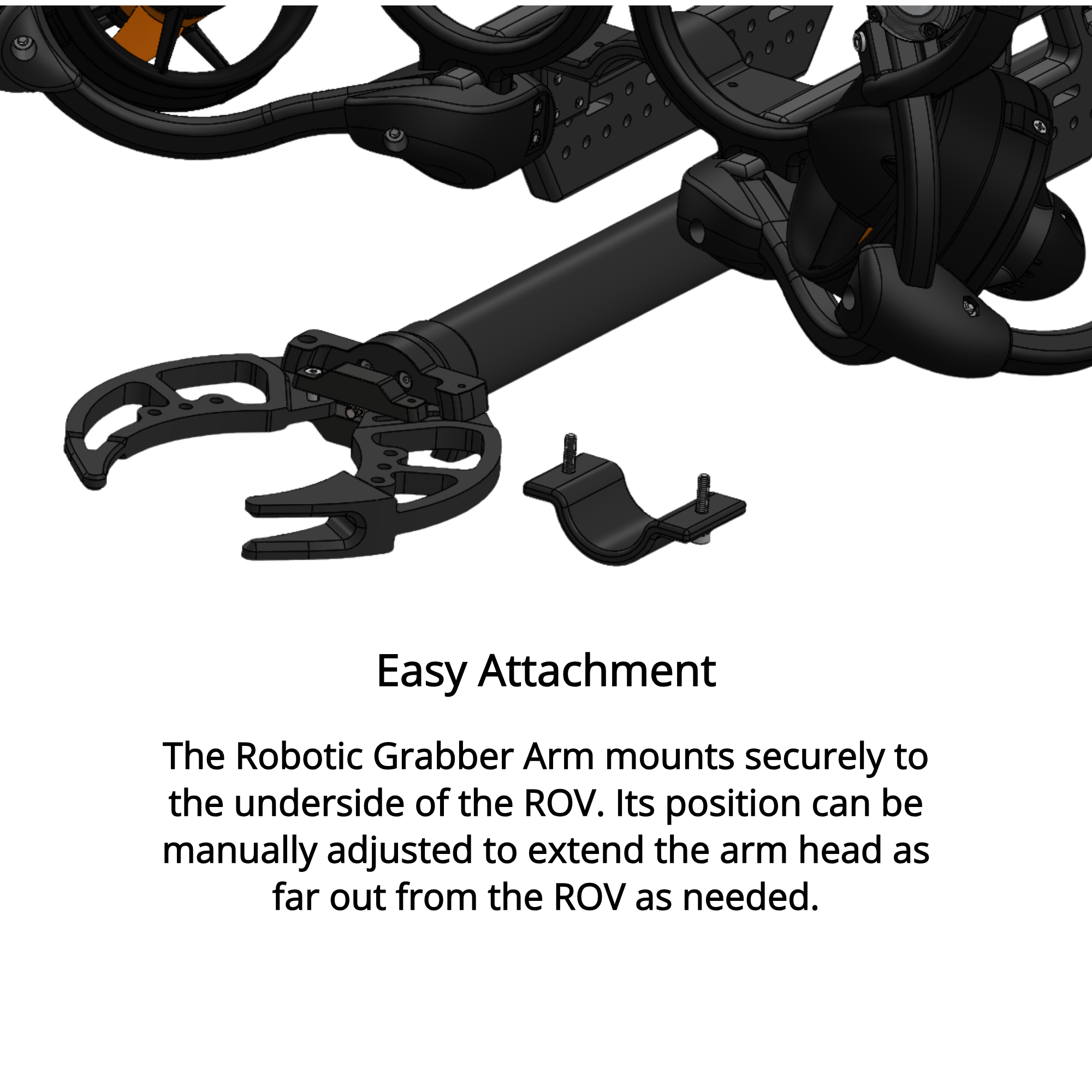 SRV-8 ROV 2-jaw manipulator grabber head for underwater retrieval and inspection, featuring 5.18-inch opening and 85 lbs of locking force for search and rescue or sampling operations with easy attachment. 
