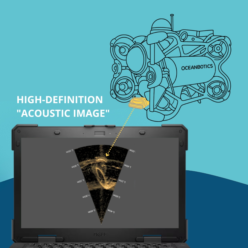 A laptop displays an acoustic image of the tire, indicating how the sound waves are used to create an image that the operator can use, even in zero visibility water. 